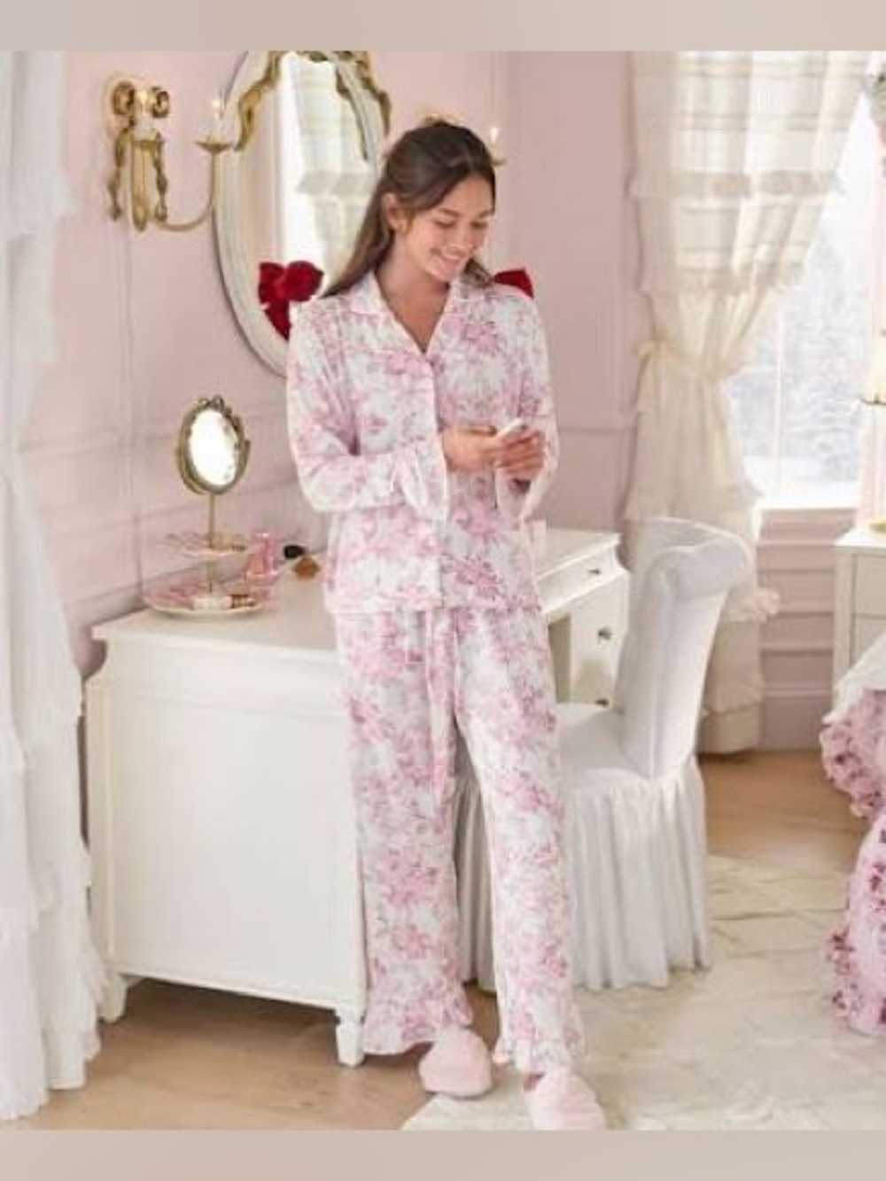 LoveShackFancy Pink & White Floral Ruffle Pajama Set XL